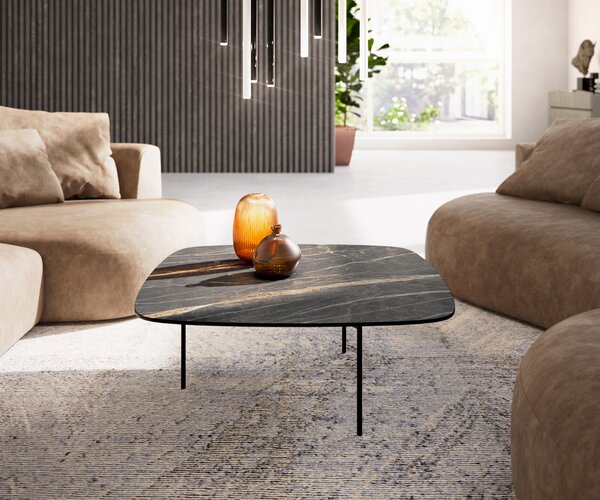 DELIFE Dohányzóasztal Edge 90x90 cm Laminam® kerámia Noir Desir barna Trive fém fekete