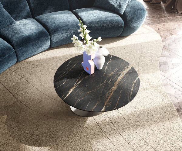 DELIFE Dohányzóasztal Edge kerek 90x90 cm Laminam® kerámia Noir Desir barna Conis rozsdamentes acél szálcsiszolt