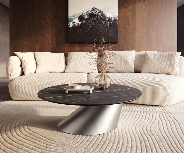 DELIFE Dohányzóasztal Edge kerek 100x100 cm Laminam® kerámia Noir Desir barna Conis rozsdamentes acél szálcsiszolt