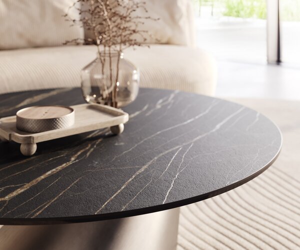 DELIFE Dohányzóasztal Edge kerek 100x100 cm Laminam® kerámia Noir Desir barna Conis rozsdamentes acél szálcsiszolt