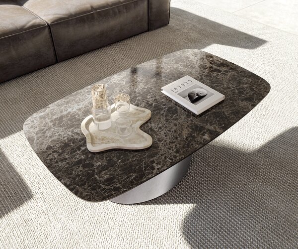 DELIFE Dohányzóasztal Edge hajóformájú 120x70 cm Laminam® Emperador Extra Lucidato kerámia sötétbarna Conis rozsdamentes acél szálcsiszolt