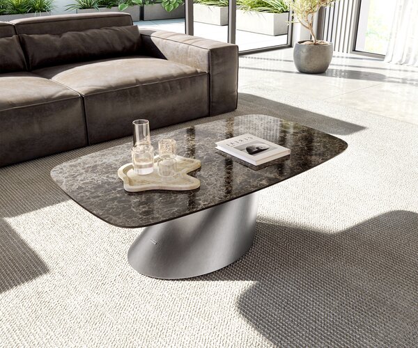 DELIFE Dohányzóasztal Edge hajóformájú 120x70 cm Laminam® Emperador Extra Lucidato kerámia sötétbarna Conis rozsdamentes acél szálcsiszolt