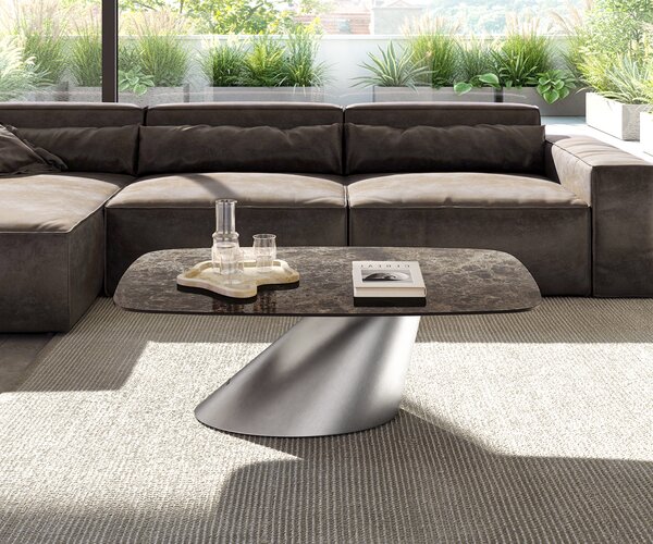 DELIFE Dohányzóasztal Edge hajóformájú 120x70 cm Laminam® Emperador Extra Lucidato kerámia sötétbarna Conis rozsdamentes acél szálcsiszolt
