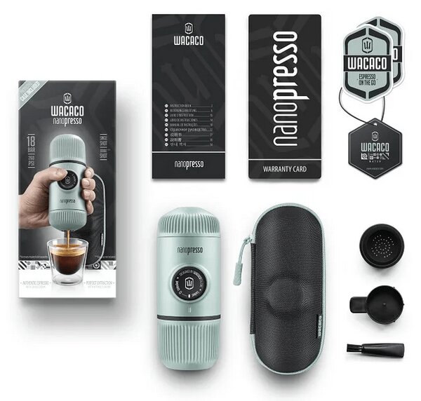 Wacaco Nanopresso hordozható kávéfőző őrölt kávéhoz, Jégkék + kemény védőtok