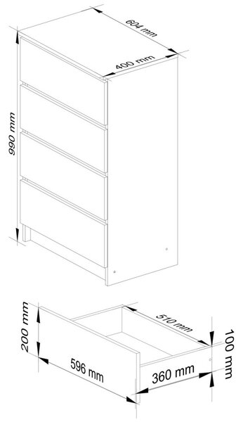 AKORD K60 Nappali Komód Laminált Fehér-Grafitszürke 4 Fiókos