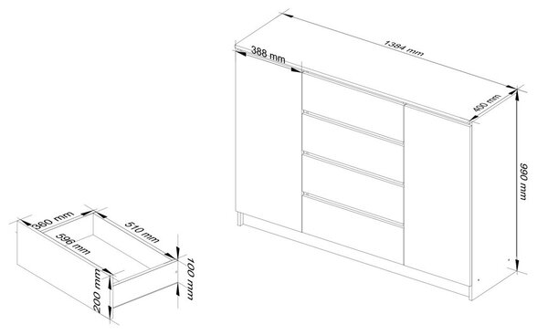 AKORD CLP Artisan Komód Laminált Tölgy/Szürke 4-Fiókos