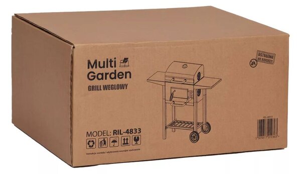 Faszenes grill, MultiGarden RIL-4833, fekete, acél, 109 x 95 x 43,5 cm, fedeles, beépített hőmérő, állítható széntartó, hamutálca, oldalsó polcok, kerekek
