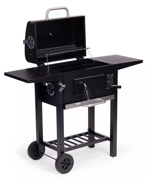 Faszenes grill, MultiGarden RIL-4833, fekete, acél, 109 x 95 x 43,5 cm, fedeles, beépített hőmérő, állítható széntartó, hamutálca, oldalsó polcok, kerekek