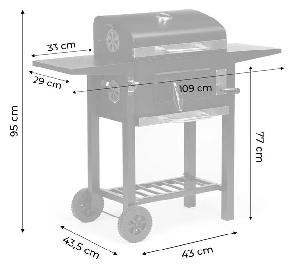 Faszenes grill, MultiGarden RIL-4833, fekete, acél, 109 x 95 x 43,5 cm, fedeles, beépített hőmérő, állítható széntartó, hamutálca, oldalsó polcok, kerekek