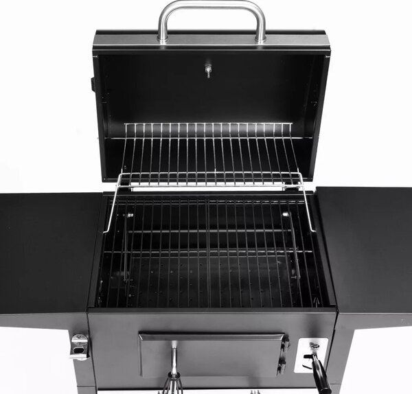 Faszenes grill, MultiGarden RIL-4833, fekete, acél, 109 x 95 x 43,5 cm, fedeles, beépített hőmérő, állítható széntartó, hamutálca, oldalsó polcok, kerekek