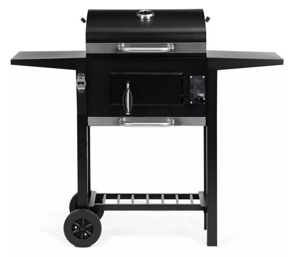 Faszenes grill, MultiGarden RIL-4833, fekete, acél, 109 x 95 x 43,5 cm, fedeles, beépített hőmérő, állítható széntartó, hamutálca, oldalsó polcok, kerekek