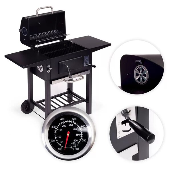 Faszenes grill, MultiGarden RIL-4833, fekete, acél, 109 x 95 x 43,5 cm, fedeles, beépített hőmérő, állítható széntartó, hamutálca, oldalsó polcok, kerekek