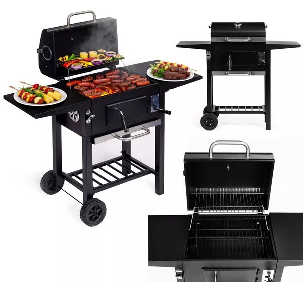 Faszenes grill, MultiGarden RIL-4833, fekete, acél, 109 x 95 x 43,5 cm, fedeles, beépített hőmérő, állítható széntartó, hamutálca, oldalsó polcok, kerekek