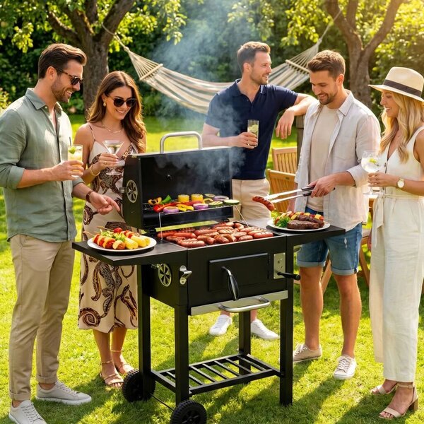 Faszenes grill, MultiGarden RIL-4833, fekete, acél, 109 x 95 x 43,5 cm, fedeles, beépített hőmérő, állítható széntartó, hamutálca, oldalsó polcok, kerekek