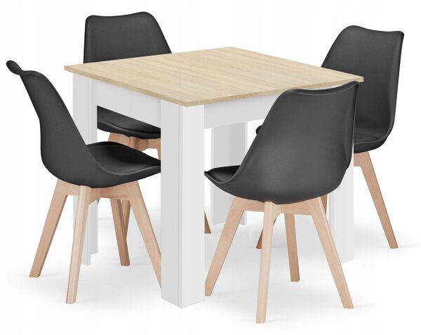 Szett: fehér-sonoma négyzet asztal 80×80 cm + 4 db MARK szék fekete/natúr láb