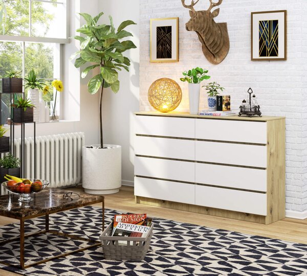 AKORD CLP Artisan Tölgy 8 Fiókos Komód Fehér Matt Fronttal