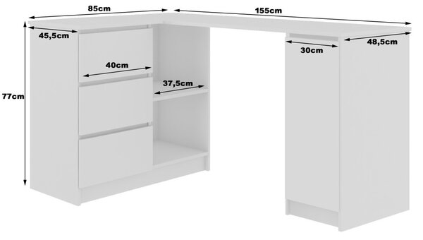 AKORD B20 Sarok Számítógépasztal Laminált Fehér Magasfényű 155 cm Bal