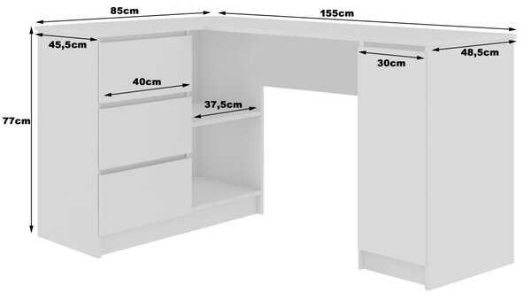 AKORD B20 Sarok Számítógépasztal Fehér Matt Metál Magasfényű 155 cm Bal