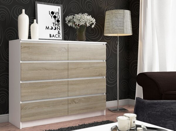AKORD Modern 8 Fiókos Komód Laminált Fehér-Sonoma 120cm