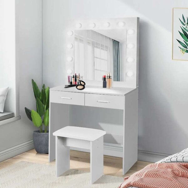Pepita Holly Fésülködőasztal tükörrel, világítással (12db LED) és székkel - fehér