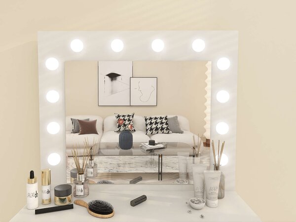 Pepita Holly Fésülködőasztal tükörrel, világítással (12db LED) és székkel - fehér