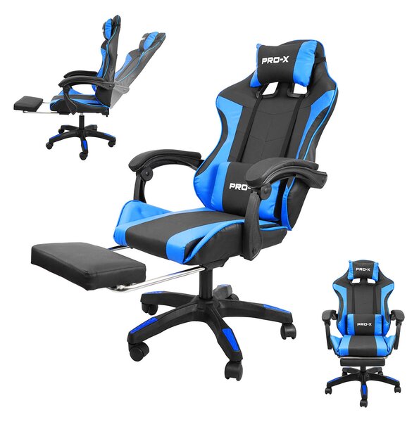 PRO-X öko bőr dönthető Gamer szék lábtartóval és derékpárnával - fekete-kék