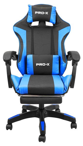 PRO-X öko bőr dönthető Gamer szék lábtartóval és derékpárnával - fekete-kék