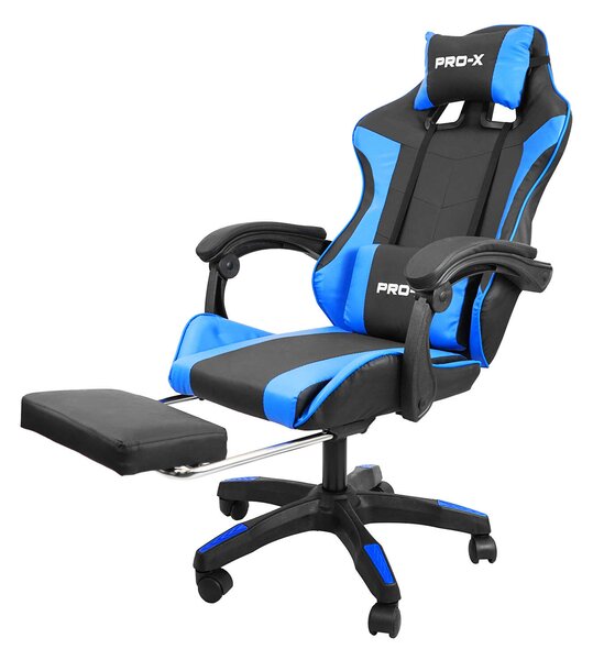 PRO-X öko bőr dönthető Gamer szék lábtartóval és derékpárnával - fekete-kék