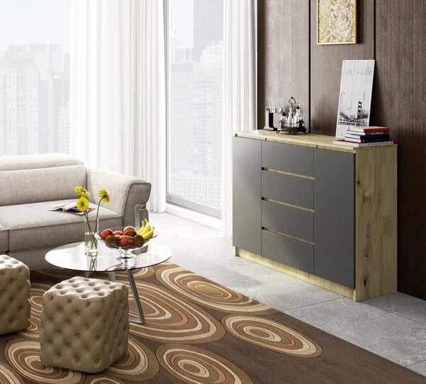 AKORD CLP Artisan Komód Laminált Tölgy/Szürke 4-Fiókos