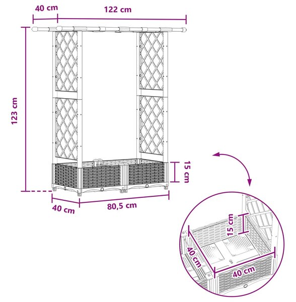 VidaXL Magasított ágyás rácsos kerítéssel és tetővel barna 122,5 x 40 x 123 cm PP