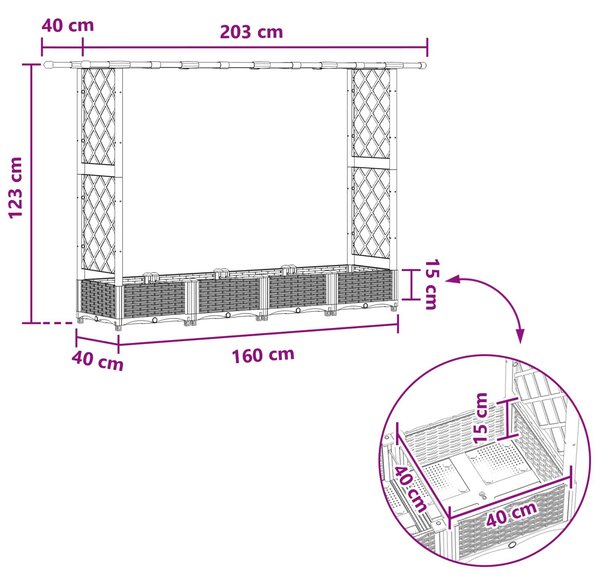 VidaXL magasított ágyás rácsokkal és tetővel, fekete 203 x 40 x 123 cm PP