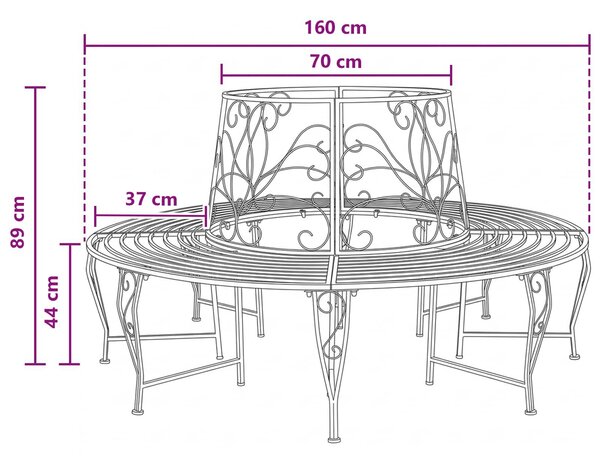 VidaXL Kör alakú pad fák köré, 8 személyes, Ø 160 x 89 cm, antik barna acél