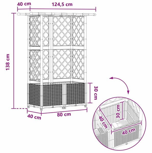 VidaXL Magasított ágyás rácsfallal és tetővel, fekete, 124,5 x 40 x 138 cm PP
