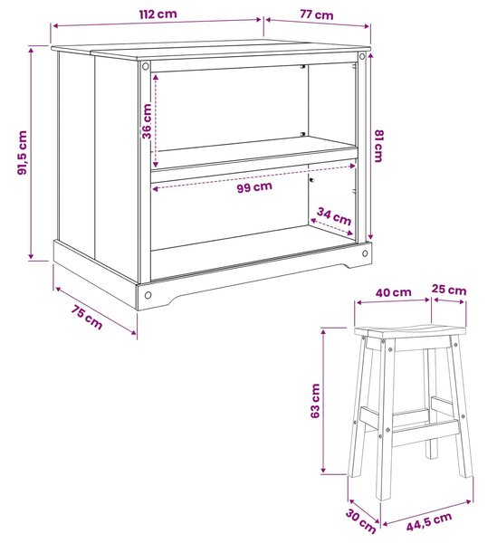 VidaXL Konyhai sziget szett 3 db Mézes Viasz 112 x 77 x 91,5 cm