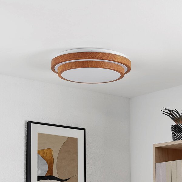 Lindby LED mennyezeti lámpa Vaako, Ø 41 cm, fém, fa megjelenés, Világos fa, Dolgozószoba / Iroda, Műanyag, Modern