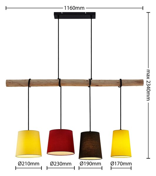 Lindby függőlámpa Hinai, fekete/piros/sárga, textil, 116cm, dimmelhető, Világos fa, Nappali / Étkező, Textil / szövet / selyem, Skandináv