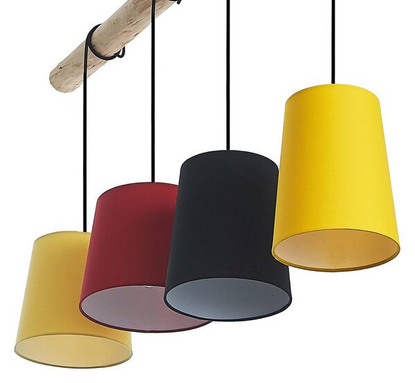 Lindby függőlámpa Hinai, fekete/piros/sárga, textil, 116cm, dimmelhető, Világos fa, Nappali / Étkező, Textil / szövet / selyem, Skandináv