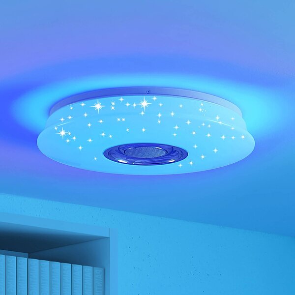 Lindby Elpida LED mennyezeti lámpa, hangszóró, fehér, Ø 39cm, dimmelhető, Fehér / opál, Nappali / Étkező, Műanyag, Modern