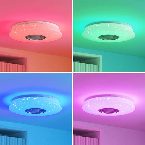 Lindby Elpida LED mennyezeti lámpa, hangszóró, fehér, Ø 39cm, dimmelhető, Fehér / opál, Nappali / Étkező, Műanyag, Modern