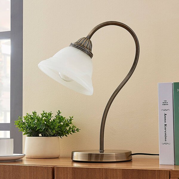 Lindby Mialina asztali lámpa, 42 cm, fehér, üveg, fém, Bronz / antik sárgaréz, Nappali / Étkező, Üveg