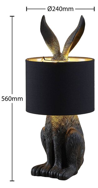 Lindby Lorentina asztali lámpa, 56 cm, nyúl, fekete, textil, nyuszi, Fekete, Nappali / Étkező, Textil / szövet / selyem, Dizájn