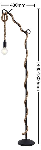 Lucande állólámpa Ropina, magasság 180 cm, fekete, kender kötéllel, Fekete, Nappali / Étkező, fém, Vintage