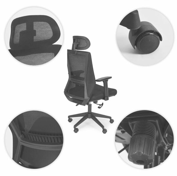 Ergonomikus forgószék irodába, állítható fejtámlával és karfával, fekete