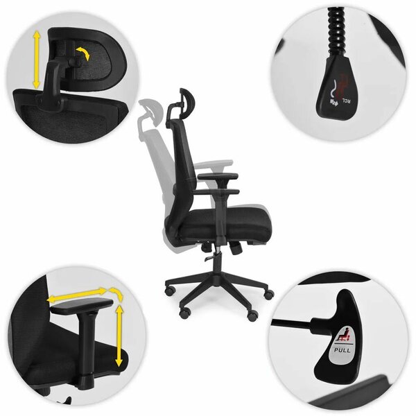 Ergonomikus forgószék irodába, állítható fejtámlával és karfával, fekete