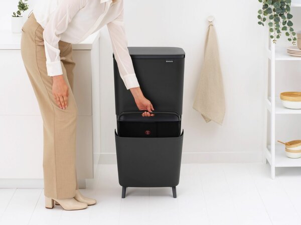 Brabantia SortUp Recycle Bin Hi 2 szintes szelektív hulladékgyűjtő torony lábakon, felhajtható fedéllel, 10+10+25L- J méret, műanyag, sötétszürke - 275043