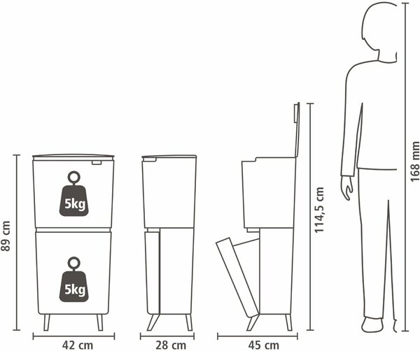 Brabantia SortUp Recycle Bin Hi 2 szintes szelektív hulladékgyűjtő torony lábakon, felhajtható fedéllel, 10+10+25L- J méret, műanyag, sötétszürke - 275043
