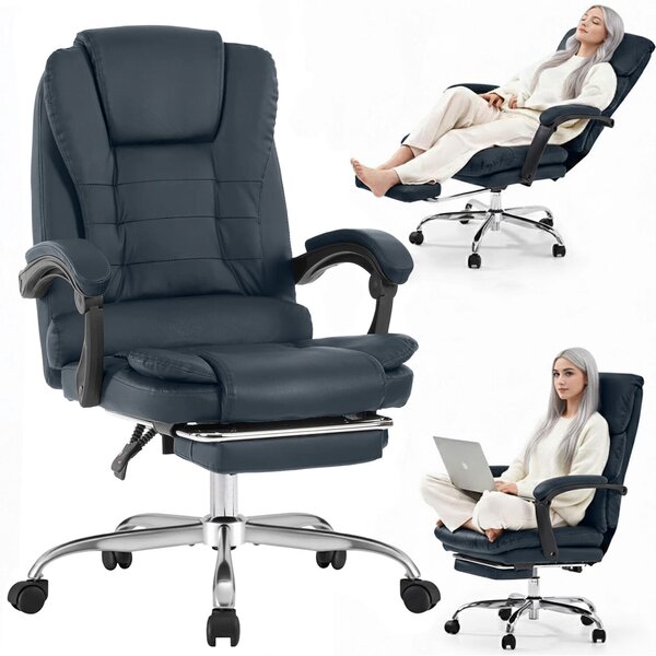 Quasar & Co.® irodai szék, Beta modell, ergonomikus, állítható magasságú, állítható háttámlával, kihúzható lábtartóval, 5 forgó görgős üléssel, krómozott lábtartóval, eko bőrrel, petrol szürk