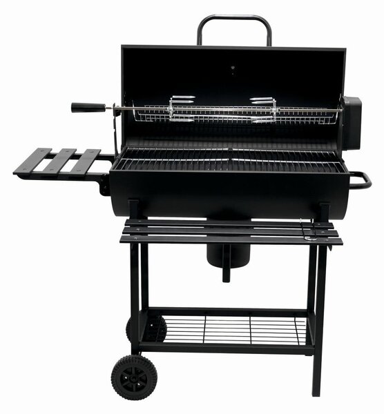 KLUGMEISTER KY1813D faszenes grill, acél anyagból, fedővel és kerekekkel, forgónyárssal, főzőfelület 71x35 cm