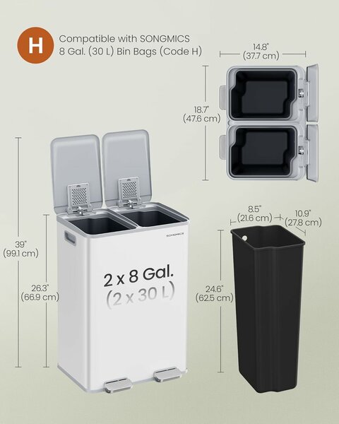 SONGMICS szelektív szemetes, 2 x 30 L, lágy záródás, matt fehér