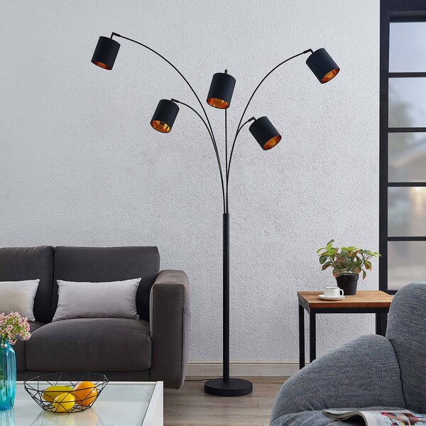 Lindby állólámpa Abiram, fekete/arany, textil, 70cm, Fekete, Nappali / Étkező, fém, Modern